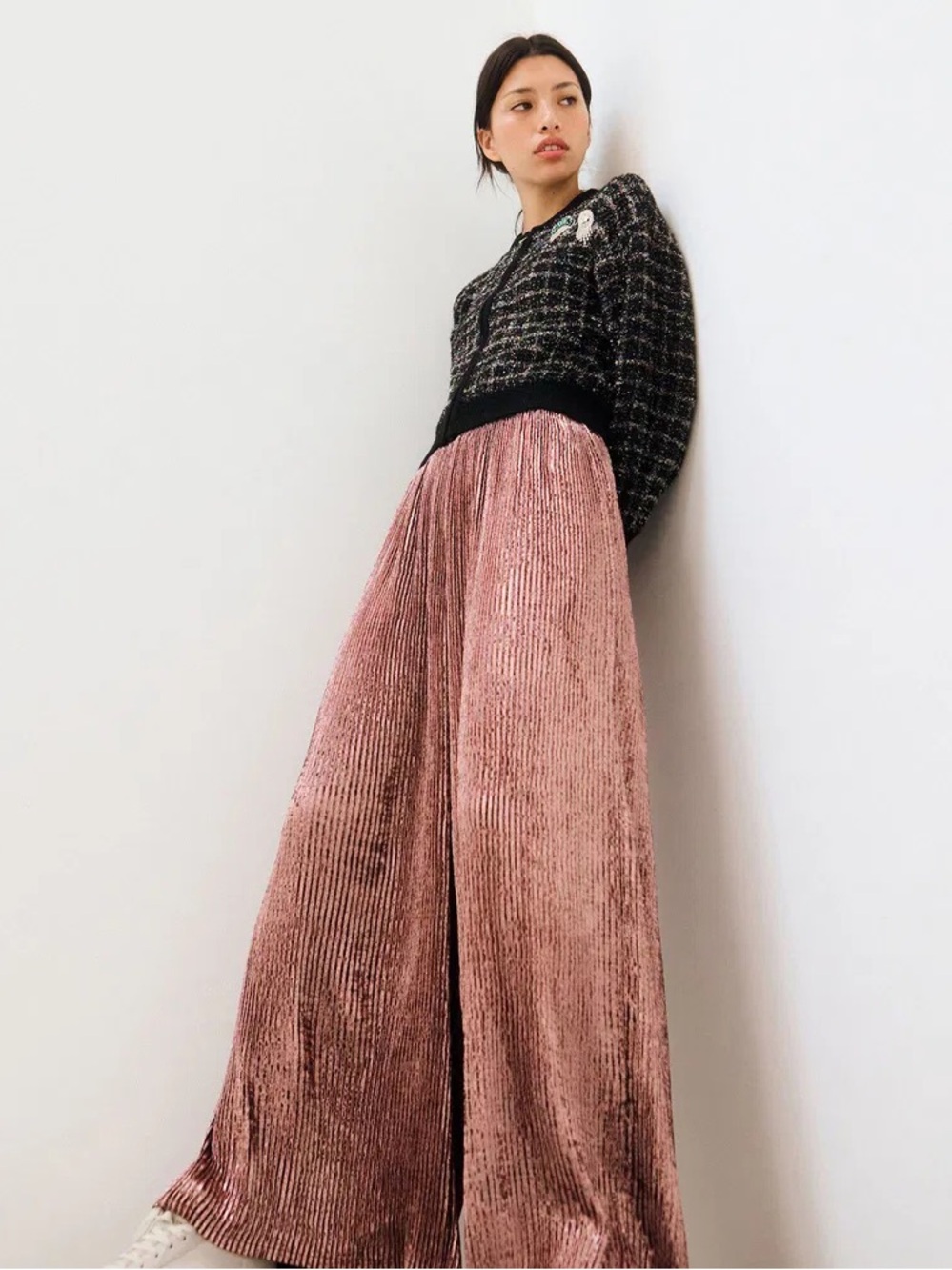 *OLIVER BONAS* Pleated Metallic Plisse Wide Leg Trouser Pants Size 4